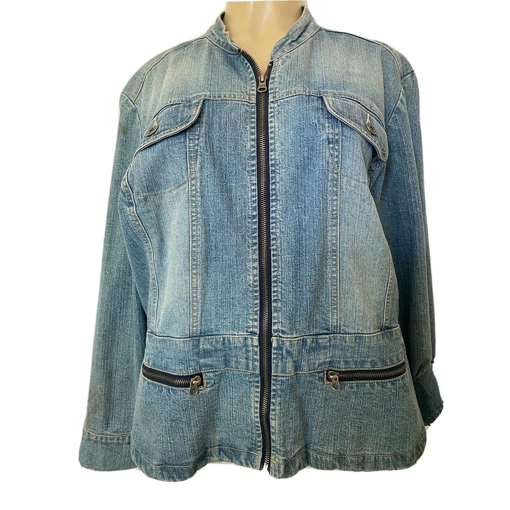 Gloria Vanderbilt Jean Denim Jacket Zip Stretch Light Blue Pocket Long S…